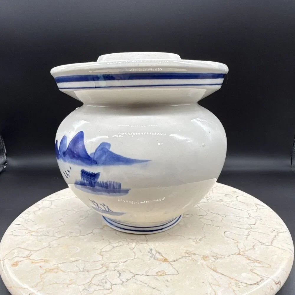 Chinese Blue & White Jar/Vase Mountain Landscape, Made in PRC